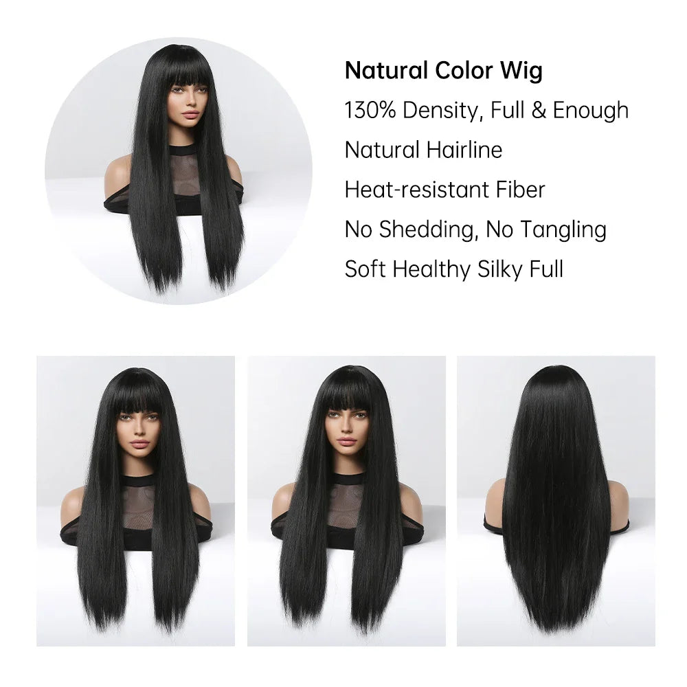 EASIHAIR Long Silky Straight Synthetic Wigs with Bangs: Black Cosplay Party Lolita Hair Wigs for Women - Natural Heat Resistant Wig