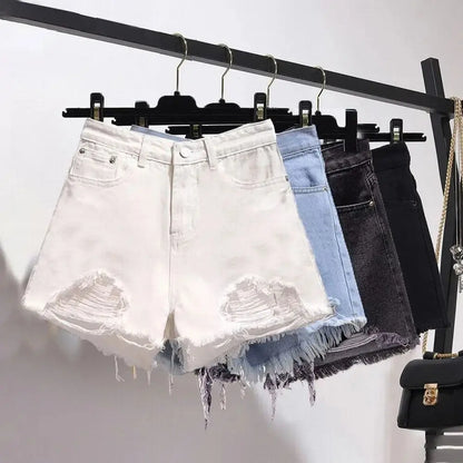 Summer Women’s Korean High Waist Cowboy Denim Shorts — Casual White Jeans with Pockets, Tassels & Ripped Holes Y2K Style