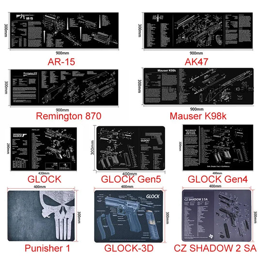 Gun Cleaning Rubber Mat Mouse Pad – AR15, AK47, Remington 870, GLOCK Gen4/Gen5, CZ-75, P220, P226, P229, Beretta 92, 1911 3D Work Mat