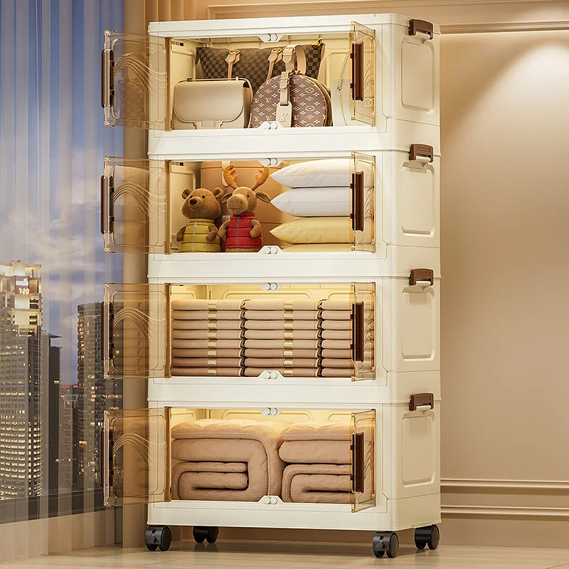 Foldable Multi-Layer Storage Box with Wheels — Plastic Cabinet for Clothes, Books & Kitchen Organization