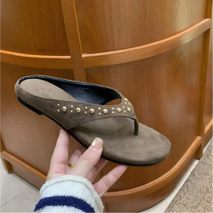 Women’s Studded Flip Flops - Suede Thong Sandals with Rivets for Casual Summer Beach Wear