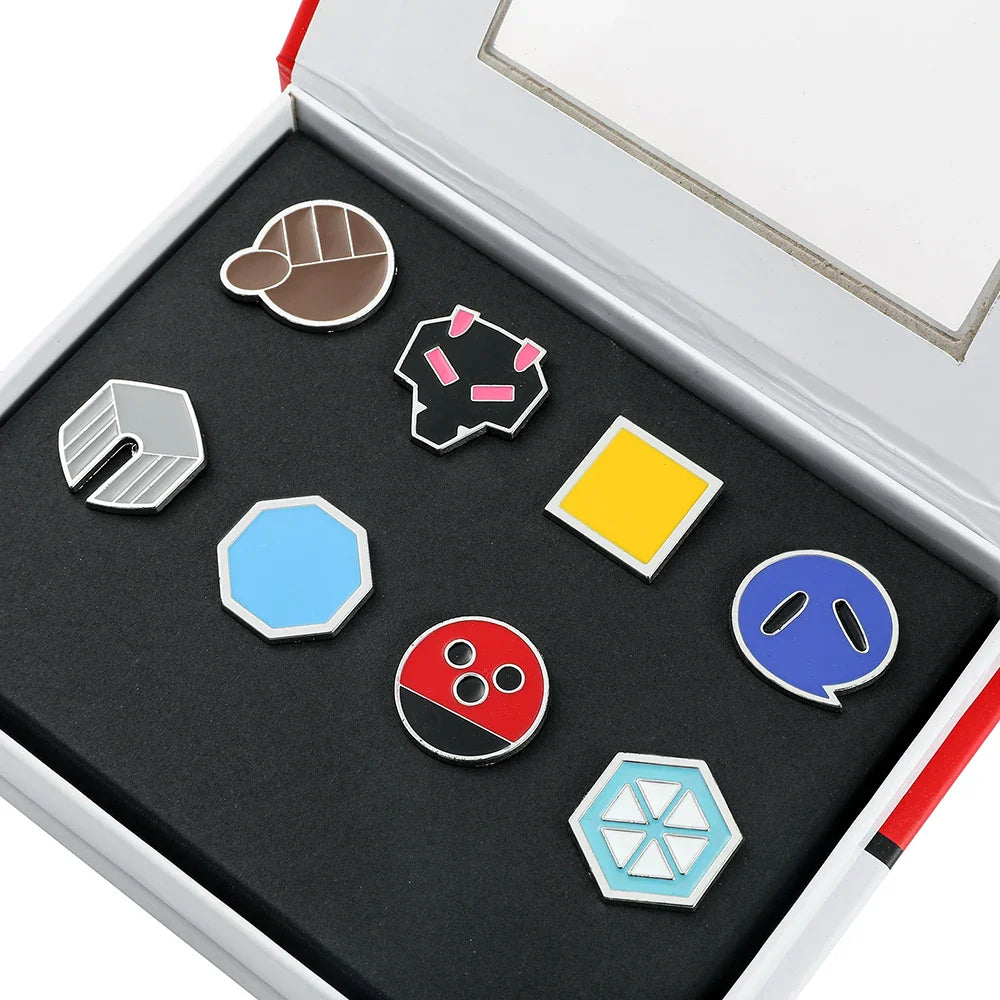 Pokemon Gym Badges Pin Set — Kanto, Johto, Hoenn, Sinnoh, Unova, Kalos & Orange Islands League Brooches with Box, Pocket Monster Collection