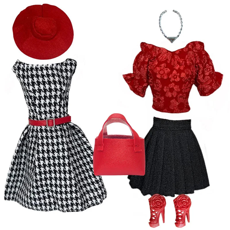 Elegant 1/6 Doll Outfit – Pink Houndstooth Dress, Hat, Gold Belt, Handbag & Shoes Set