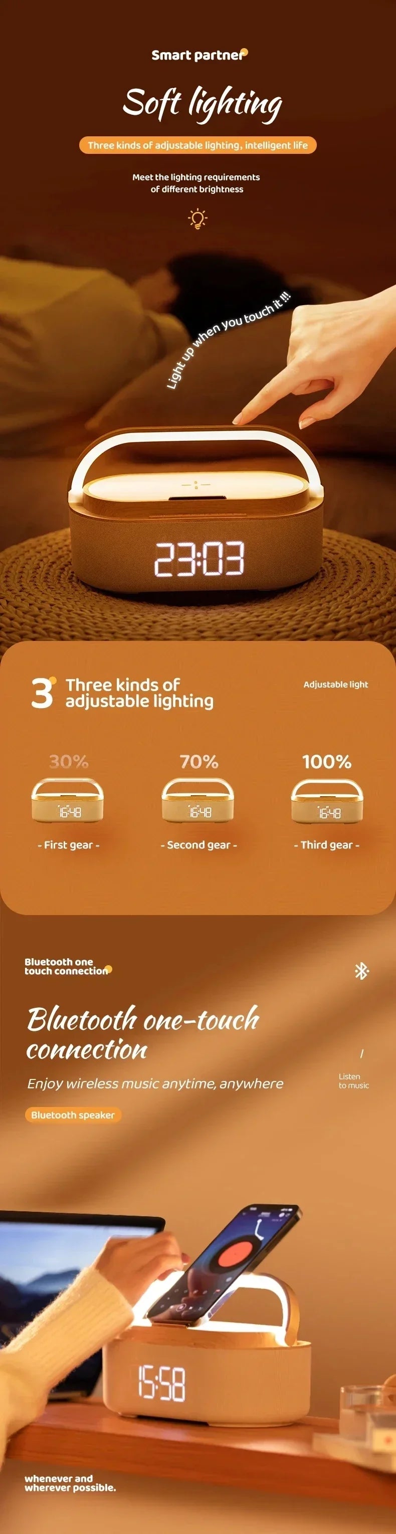 Portable Bluetooth Speaker with Wireless Charging — FM Radio, Alarm Clock, Music Sound Box, Night Light & Charger Lamp