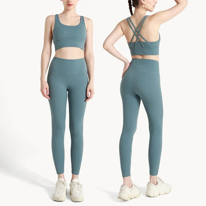 Summer 2 Piece Women's Yoga Tracksuit - Cross-Back Nylon Top and Leggings Athletic Set for Pilates and Fitness