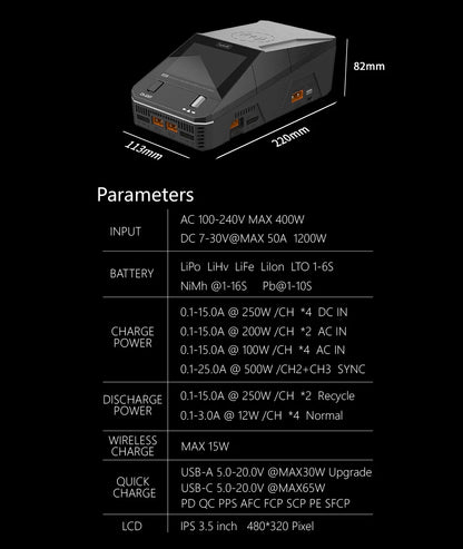 ToolkitRC Q6AC Charger AC 400W/DC 1000W 4-Channel with 65W USB & 15W Wireless Charging for LiPo NiMH PB Batteries