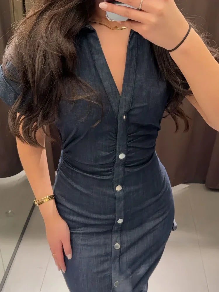 Elegant Pleated Denim Dress for Women – 2025 Chic Slim Fit Lapel Vestido with Short Sleeves & Single-Breasted Design