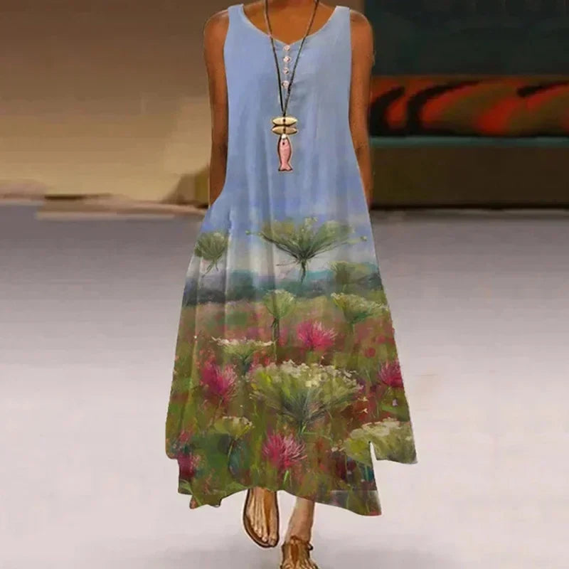 Women’s Dandelion Print Maxi Dress - Sleeveless Casual Summer Long Dress for Stylish Everyday Wear