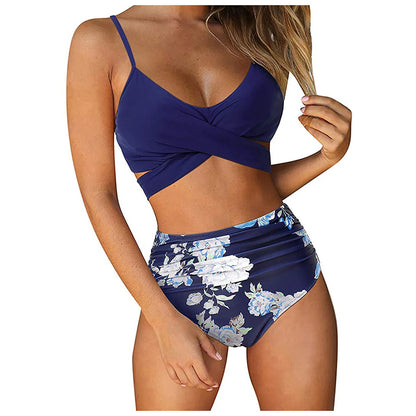 Floral Print Cross High Waist Bikini – Women’s Two-Piece Beach Swimsuit for Teenagers 2024 Trend