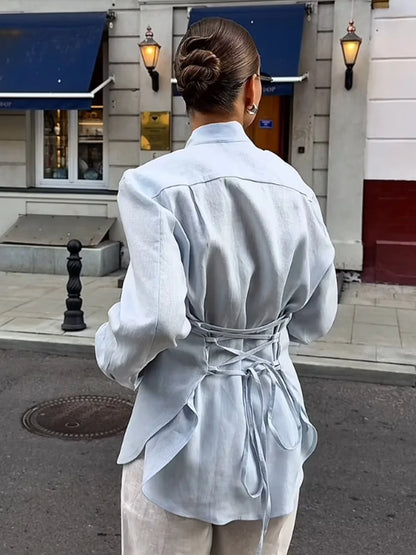 Wolfeel 100% Cotton Women’s Autumn Tie-Belt Shirt, Floating Ribbon Cardigan Slim Fit Commuting Blouse Top