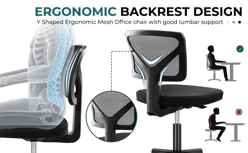 Mesh Armless Office Chair – Low Back with Lumbar Support, Adjustable Height, 360° Swivel & Wheels