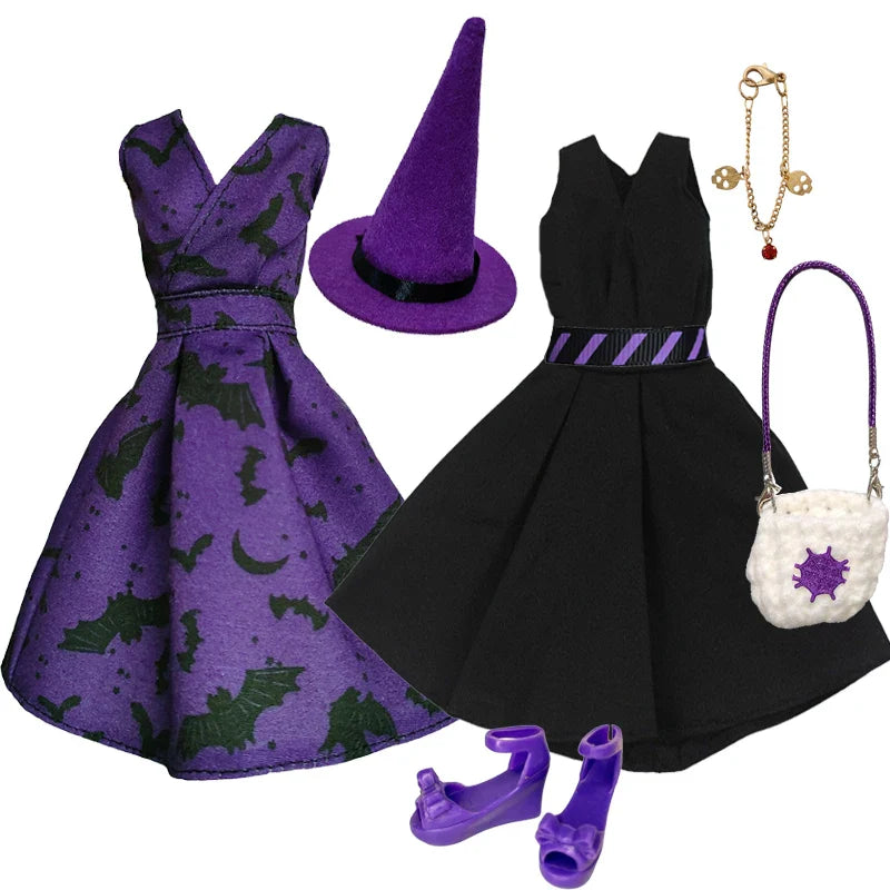 1/6 Doll Halloween Cosplay Outfit – Witch Dress, Cap, Belt, Bag & Broom for 12" BJD / 30cm Dolls