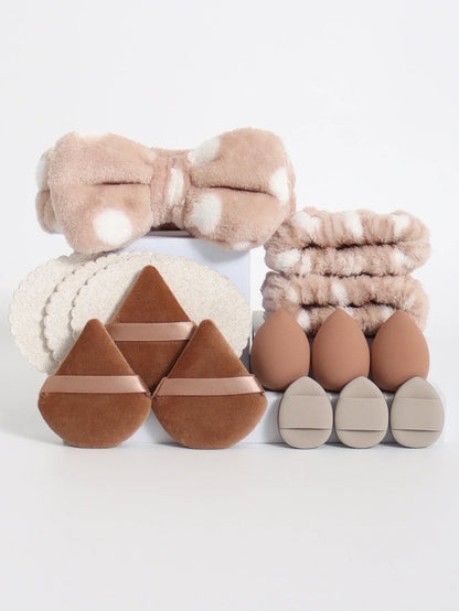 15Pcs Multi-Colored Fluffy Headband & Makeup Sponge Set - Sweet Style Beauty Essentials
