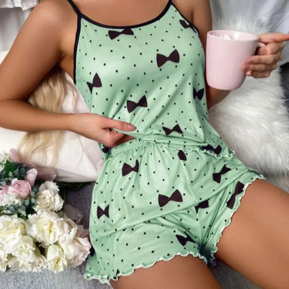 Women's Satin Pajama Set – Soft Printed Cami Top & Shorts Sleepwear for Home & Daily Wear