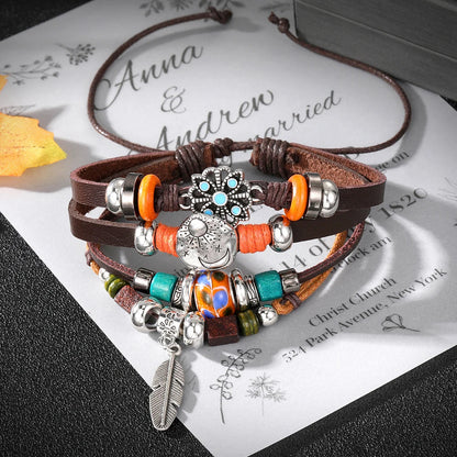Vintage Gothic Punk Moon & Star Metal Bracelet - Multilayer Leather Bangle for Men, Leaf & Sun Arm Jewelry
