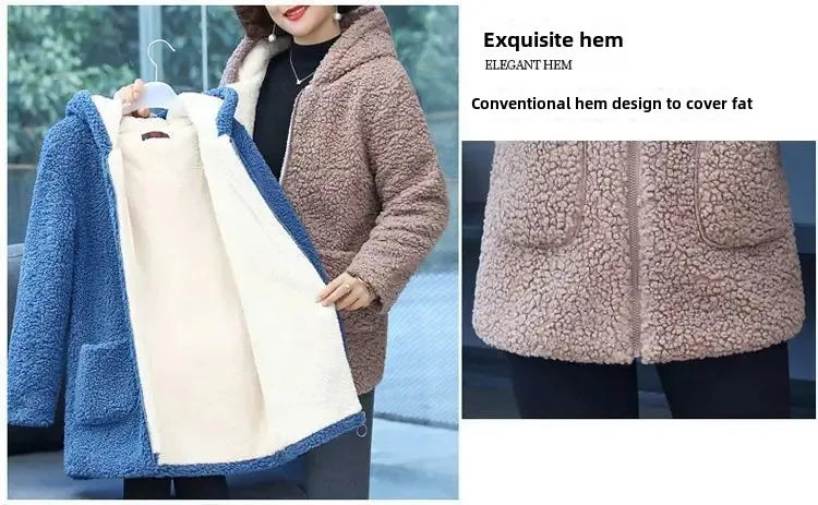 Women’s Thickened Hooded Cotton Jacket – Fleece-Lined Winter Coat, Warm Mommy-Style Outerwear by AE Stock