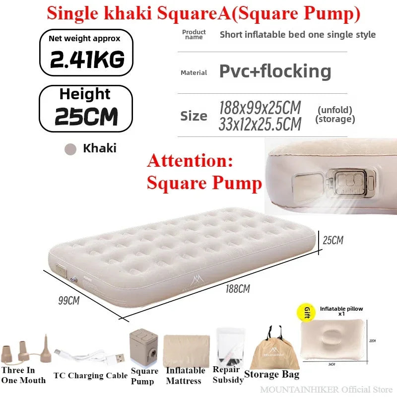 MOUNTAINHIKER 2025 Inflatable Air Mattress – PVC Glamping Sleeping Mat with Built-in Pump for 1-3 Persons