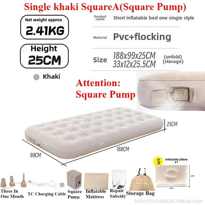 MOUNTAINHIKER 2025 Inflatable Air Mattress – PVC Glamping Sleeping Mat with Built-in Pump for 1-3 Persons