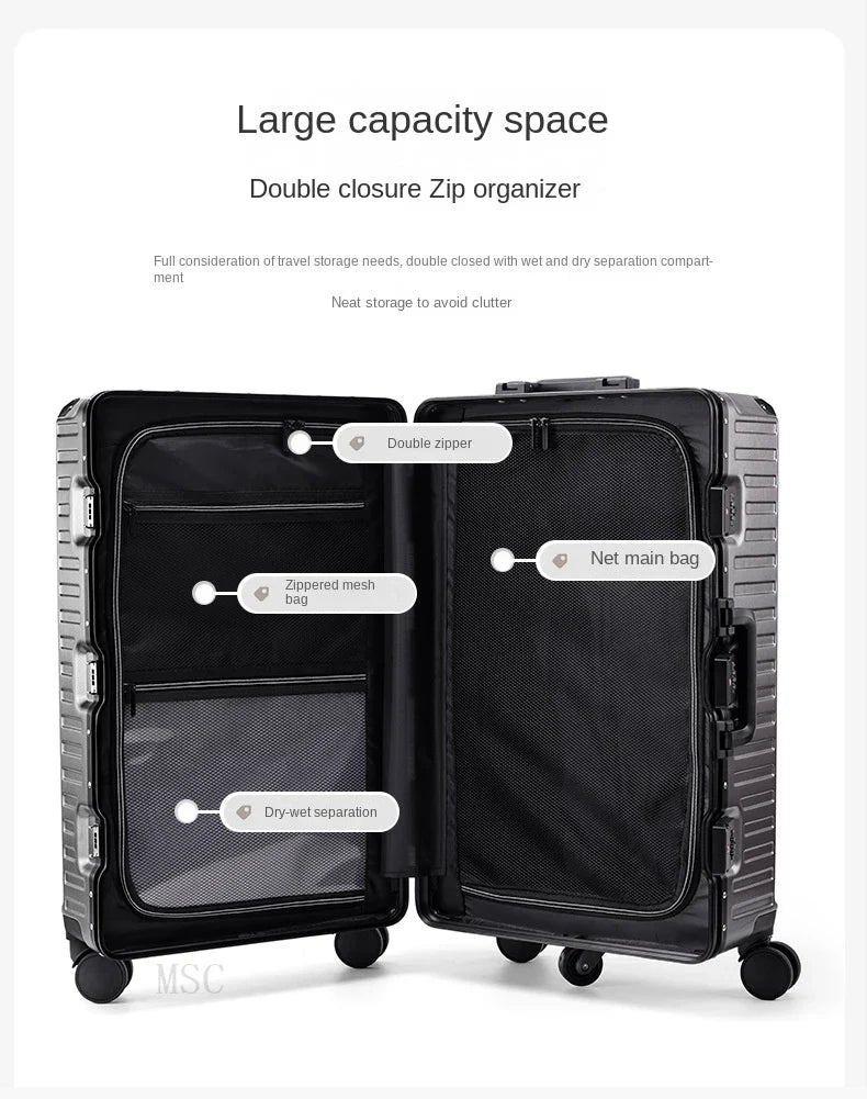 30-Inch Five-Wheel Aluminum Frame Suitcase — Multifunctional Cabin Luggage with Password Lock, USB Port & Cup Holder