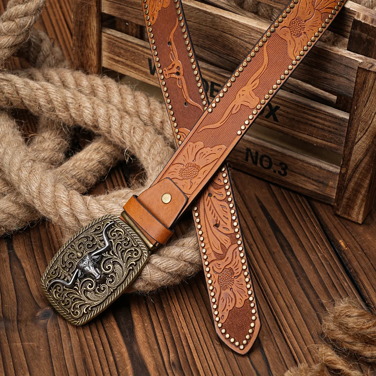 Men & Women Western Cowboy PU Leather Belt – Vintage Floral Engraved Buckle Belt for Jeans