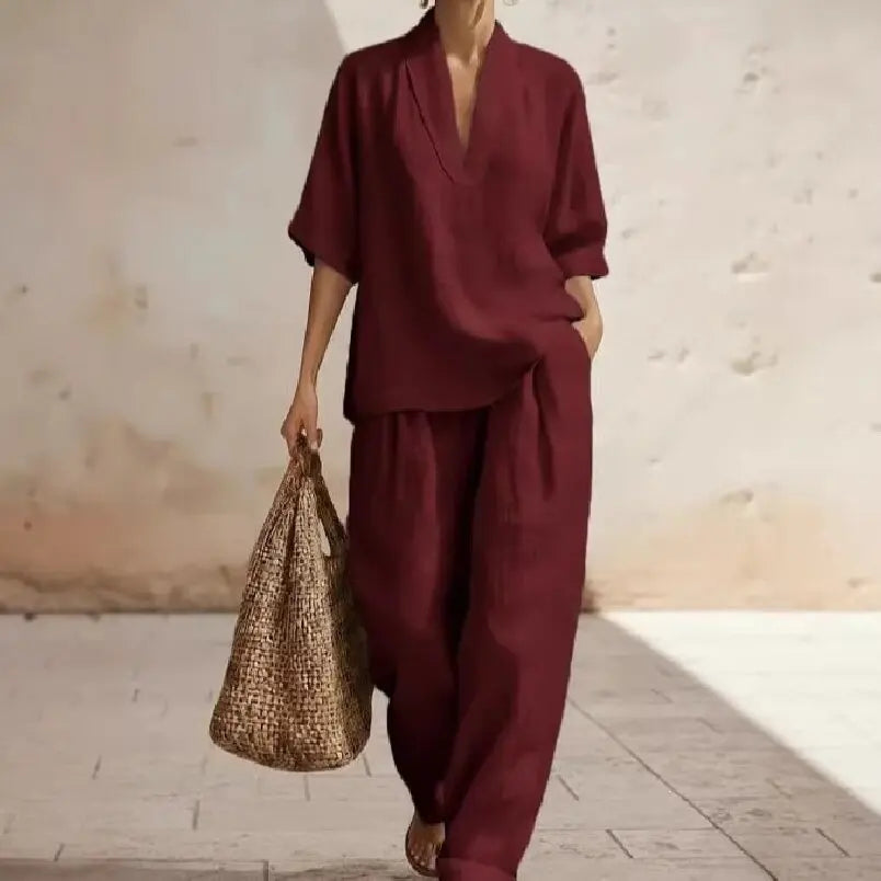 Women’s Linen Two Piece Set - 2026 Spring Summer Minimalist Solid Color European Style Casual Outfit