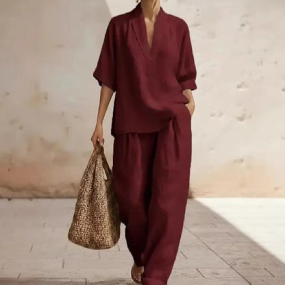 Women’s Linen Two Piece Set - 2026 Spring Summer Minimalist Solid Color European Style Casual Outfit