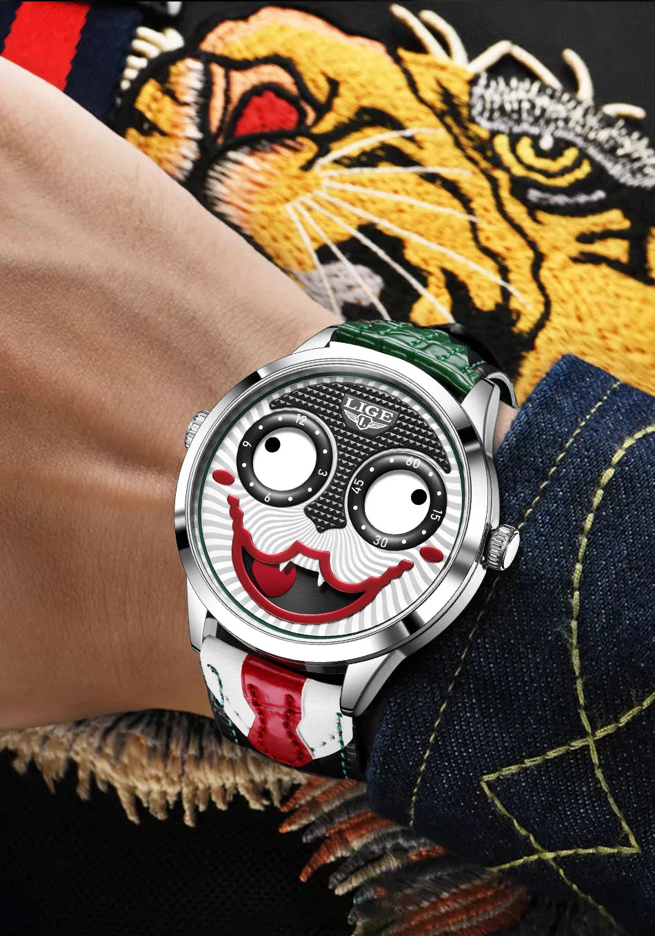 LIGE 2025 Men’s Creative Clown Quartz Watch – Waterproof Leather Strap Joker Fashion Wristwatch