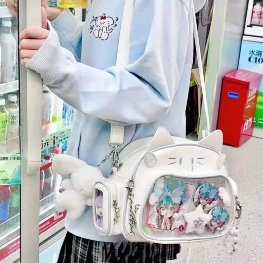 Y2K Korean Kawaii Cat Ita Bag — Cute PU Transparent Shoulder & Crossbody Bag for Girls, Harajuku Style Backpack