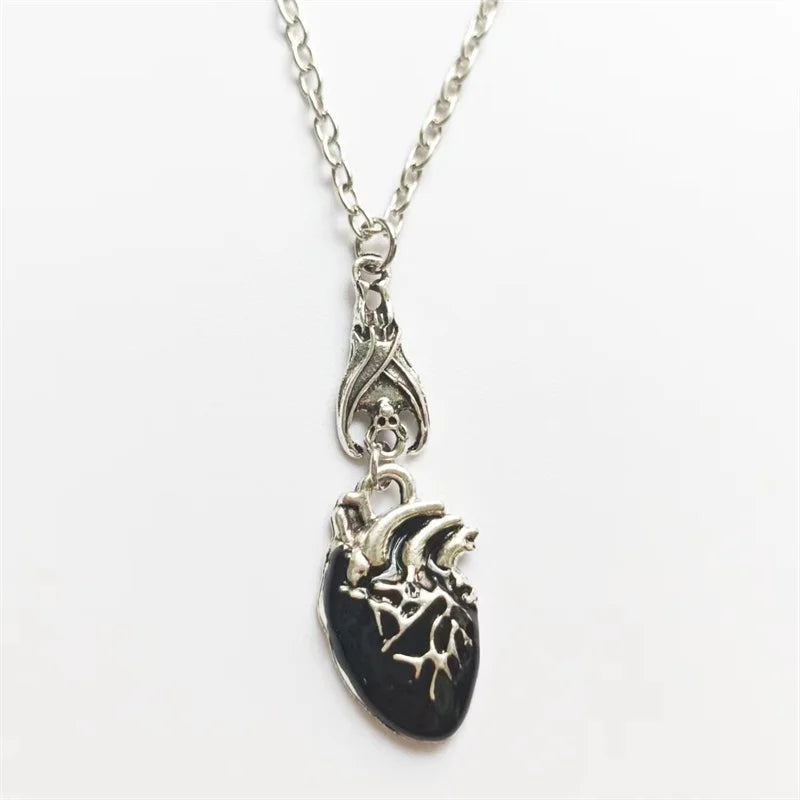 Gothic Vampire Bat & Bloody Heart Pendant Necklace – Pagan Witch Jewelry, Anatomy Heart Halloween Accessory Gift