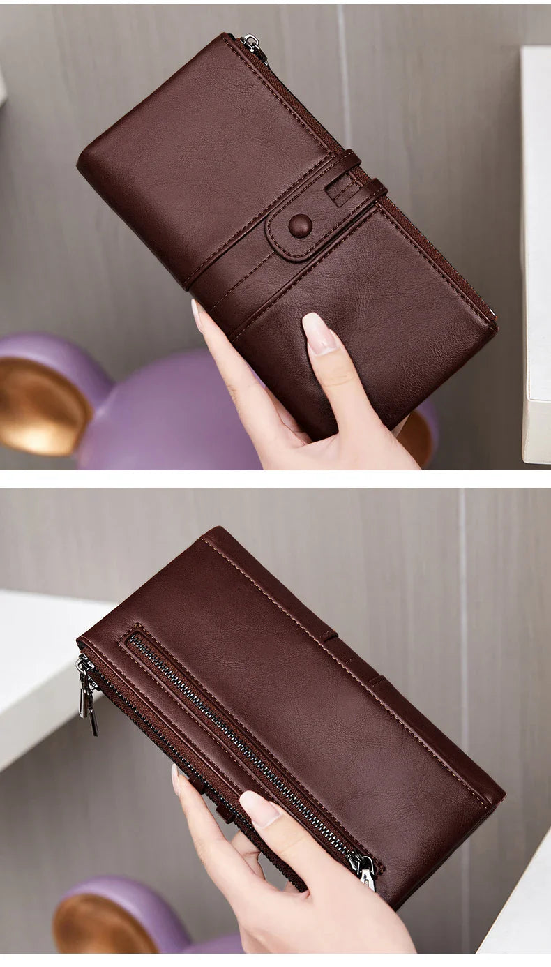 RFID Blocking Large Capacity Wallet – Soft Leather Solid Color Clutch, Multi-Functional Zipper Purse for Women & Men
