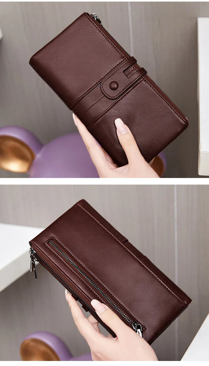 RFID Blocking Large Capacity Wallet – Soft Leather Solid Color Clutch, Multi-Functional Zipper Purse for Women & Men