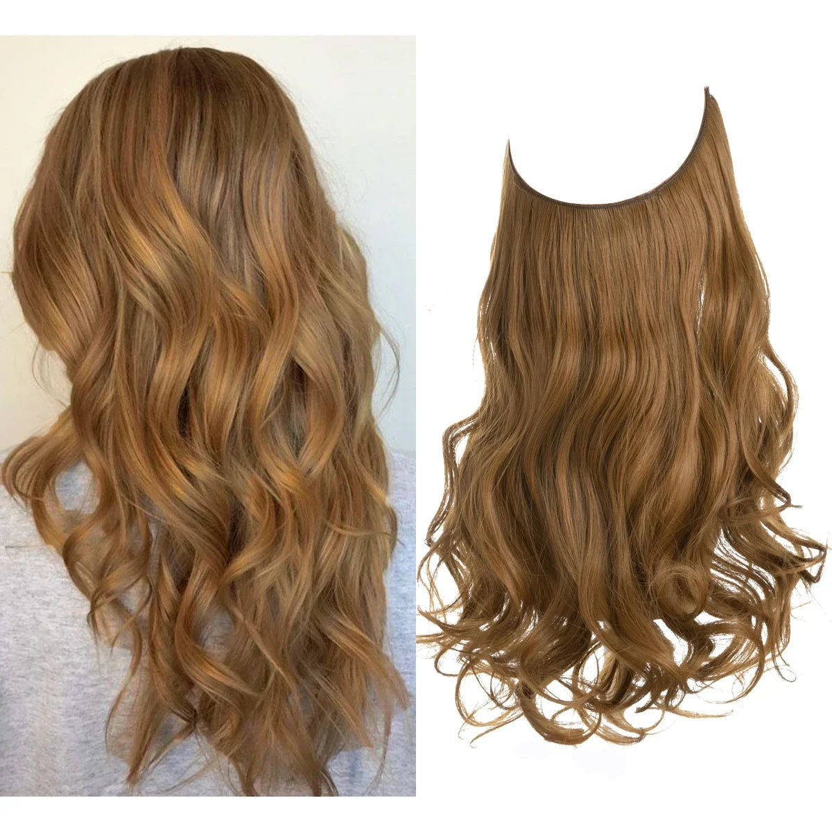 Synthetic Ombre Hair Extension - One Piece Invisible Wire Long Wavy Clipless False Hairpiece Black Blonde Pink