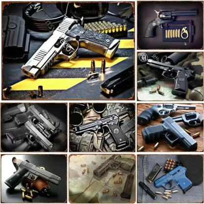 Pistol Metal Wall Sign - Military Style Decoration for Man Cave Home Cafe Bar Garden