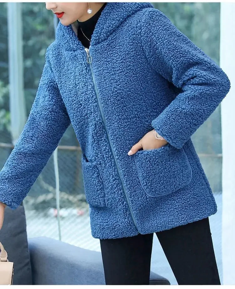Women’s Thickened Hooded Cotton Jacket – Fleece-Lined Winter Coat, Warm Mommy-Style Outerwear by AE Stock