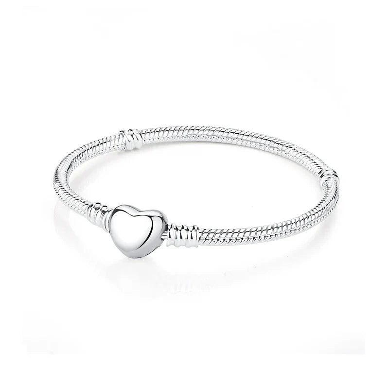 925 Sterling Silver Love Heart Charm Bracelet – Rose Gold Snake Chain Bangle for Women | DIY Luxury Bead Jewelry Accessories