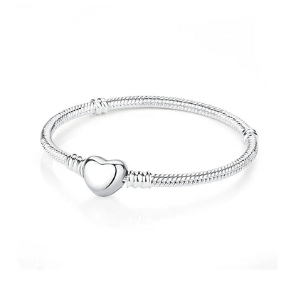 925 Sterling Silver Love Heart Charm Bracelet – Rose Gold Snake Chain Bangle for Women | DIY Luxury Bead Jewelry Accessories