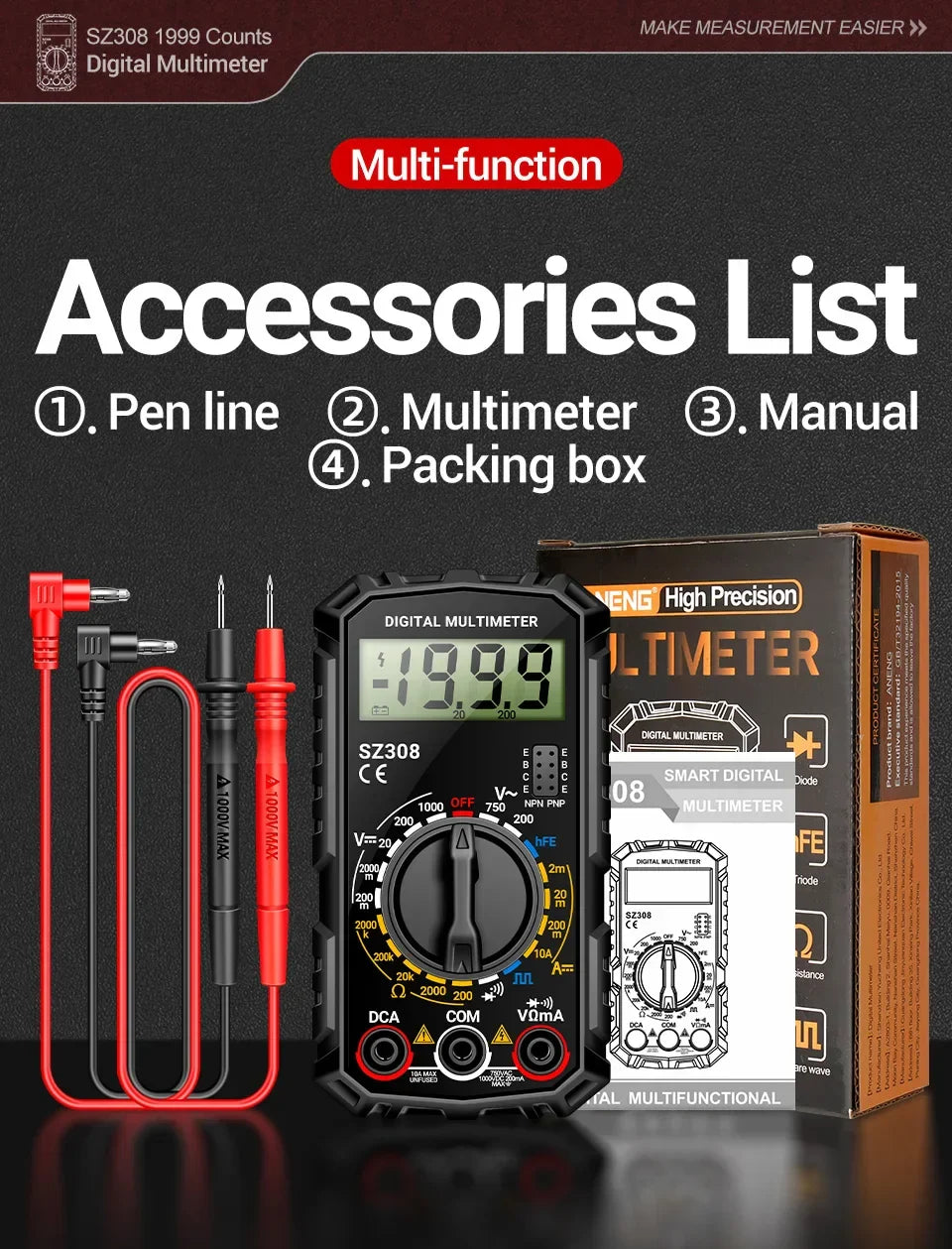 ANENG SZ308 1999-Count Multimeter — HFE Triode Tester, Square Wave Voltmeter & 10A Current Meter