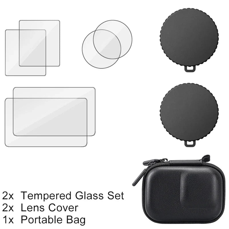 DJI Osmo Action Screen Protector & Lens Cover Kit — Tempered Glass Film with Bag Case for Action 3, 4, 5 Pro Accessories