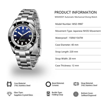 Men’s Automatic Mechanical Watch – Super Luminous Bezel, Japan NH35 Movement, 150M Waterproof Diving Watch