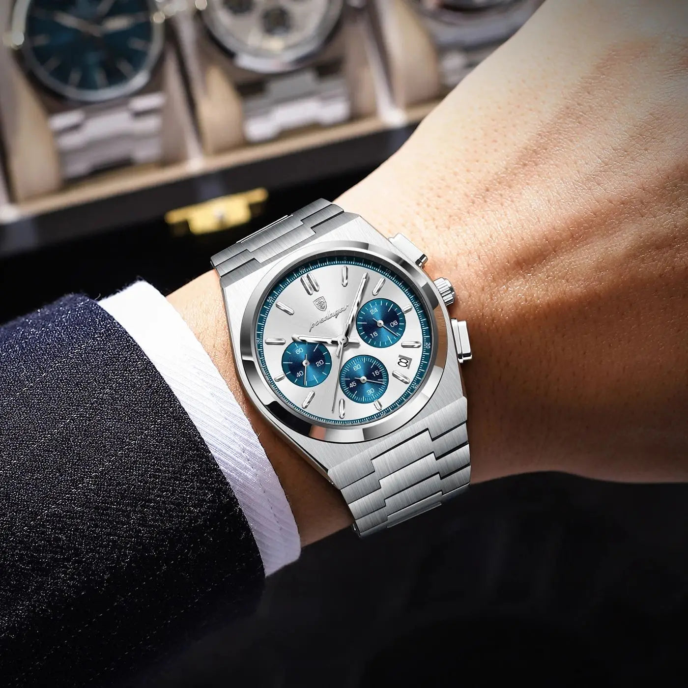 POEDAGAR Luxury Men’s Sport Chronograph Watch – Stainless Steel Waterproof Quartz Wristwatch with Date & Luminous Display