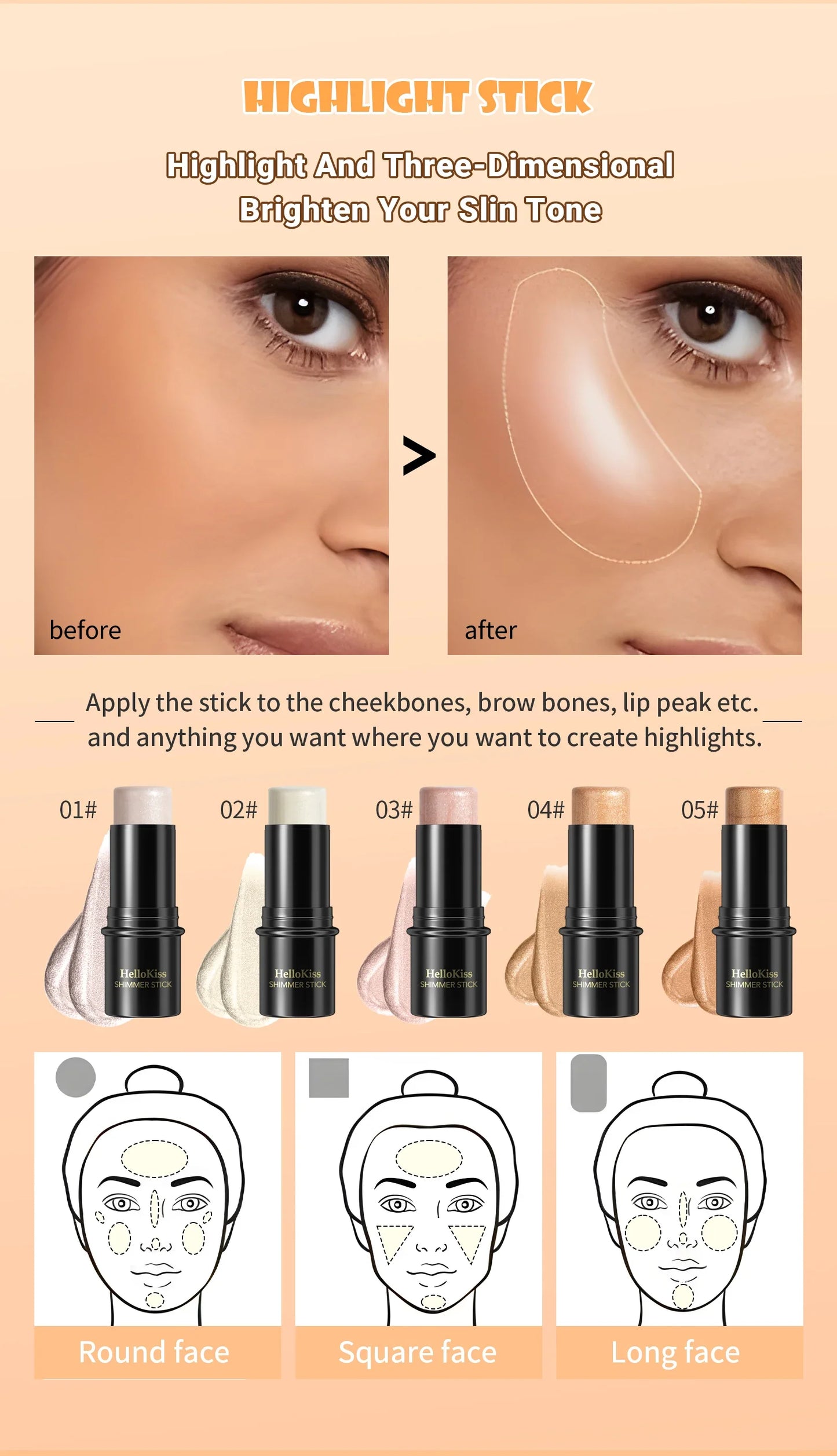 Face Brown Bronzer Contour Stick - Foundation Makeup Pen, Long-Lasting Smooth Contour, Shadow Blusher & Highlight Concealer Cosmetics
