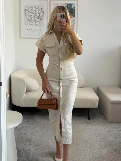 Elegant Pleated Denim Dress for Women – 2025 Chic Slim Fit Lapel Vestido with Short Sleeves & Single-Breasted Design