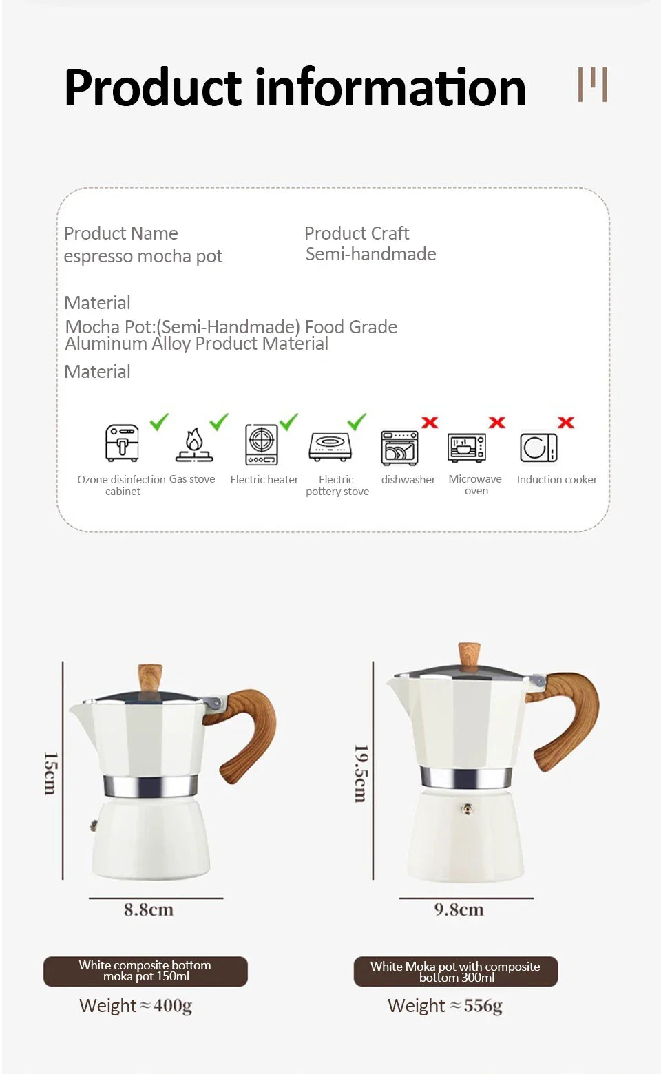 Vintage Wooden Handle Moka Pot – Classic Italian Espresso Maker 150ml/300ml for Home & Cafe Use