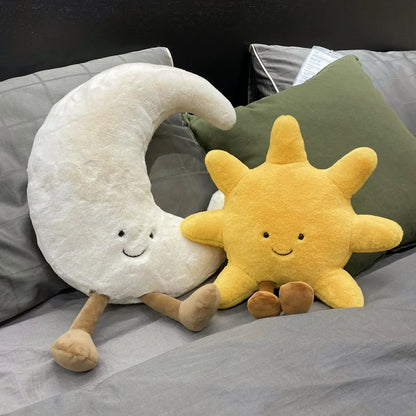 Smile Face Moon & Sun Plush Cushion – Cute Weather Stuffed Toy for Kid's Bedroom Decor & Sofa Throw Pillow
