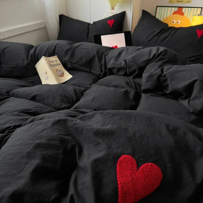 Washed Cotton Bedding Set - Soft Cool Duvet Cover, Bed Sheet & Heart-Shaped Towel Set