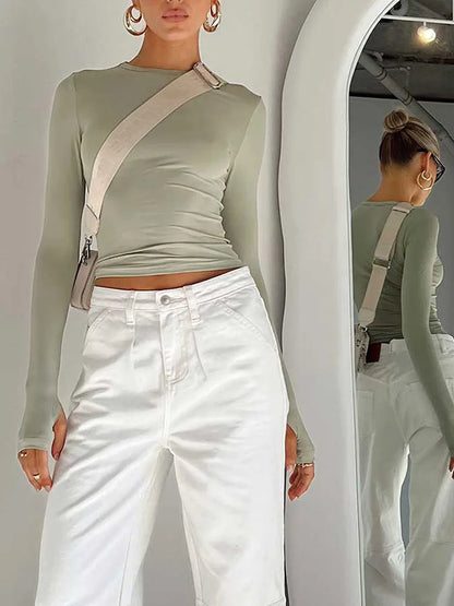 Women’s Slim Fit Long Sleeve Crop Top – Crew Neck Thumb Hole T-Shirt, Solid Streetwear Basic Summer Camis Top