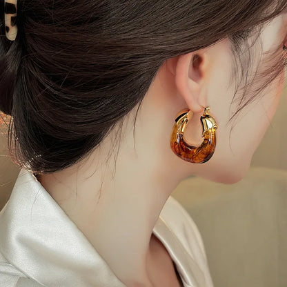 Retro Brown Resin U-Shaped Hoop Earrings — European & American Geometric Earrings for Women, Simple Fashion Jewelry Gift