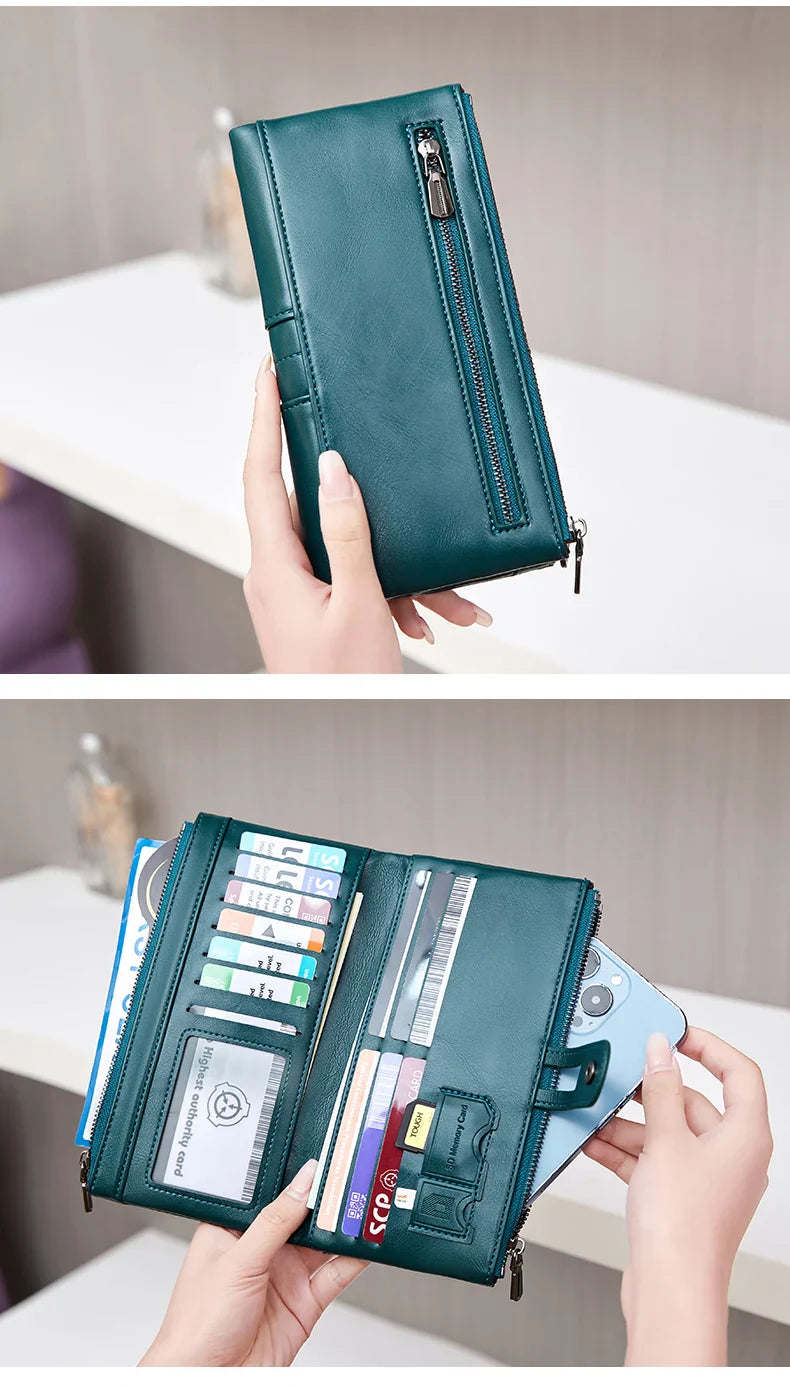 RFID Blocking Large Capacity Wallet – Soft Leather Solid Color Clutch, Multi-Functional Zipper Purse for Women & Men