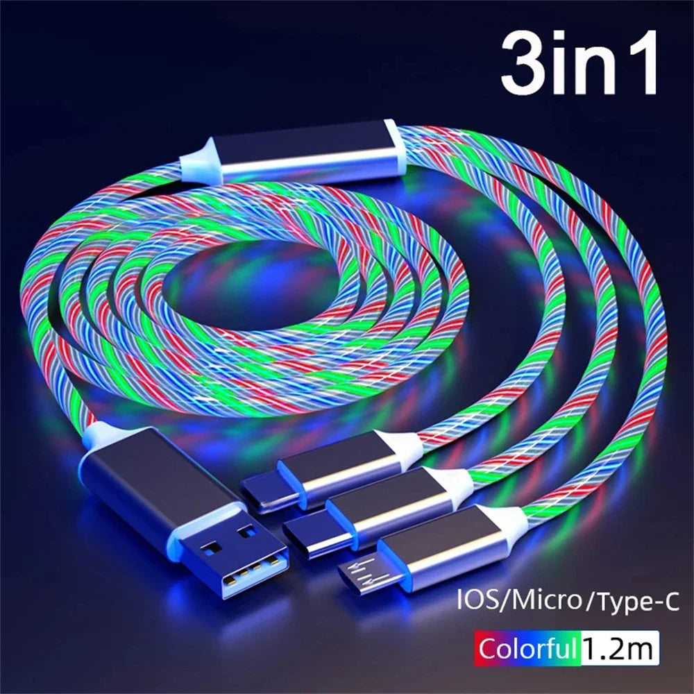 NNBILI 3-in-1 Glowing LED Fast Charging Cable – Luminous USB Type-C Charger for iPhone, Xiaomi & Phones