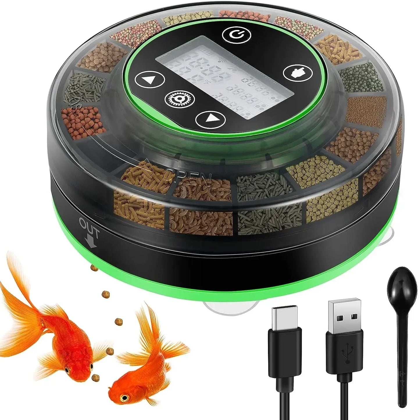 Automatic Fish Feeder for Aquarium – Rechargeable Food Dispenser with Timer, LCD Display & USB Cable